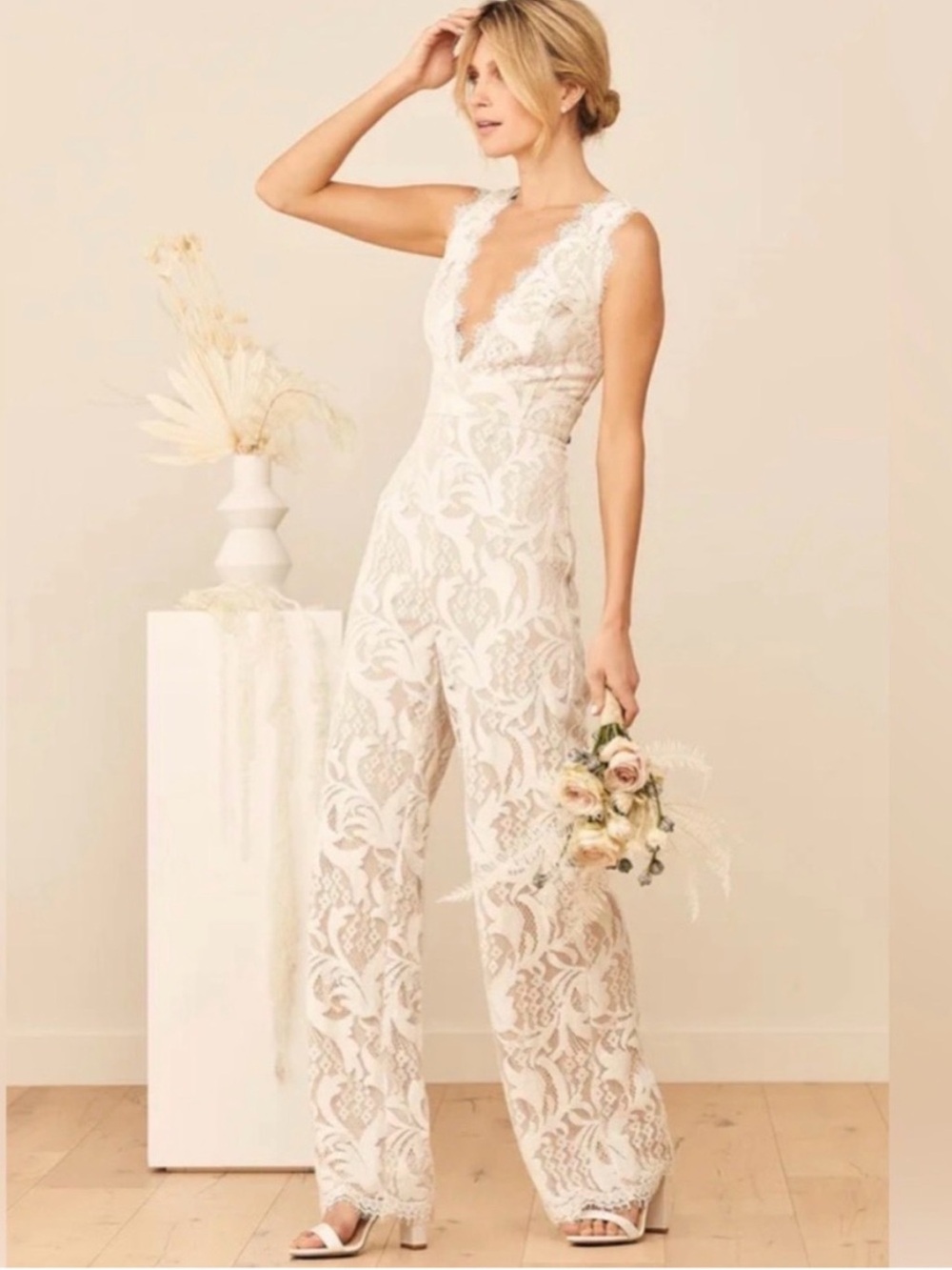 Lulus Enamored With You White Lace Wide-Leg Jumpsuit Bridal